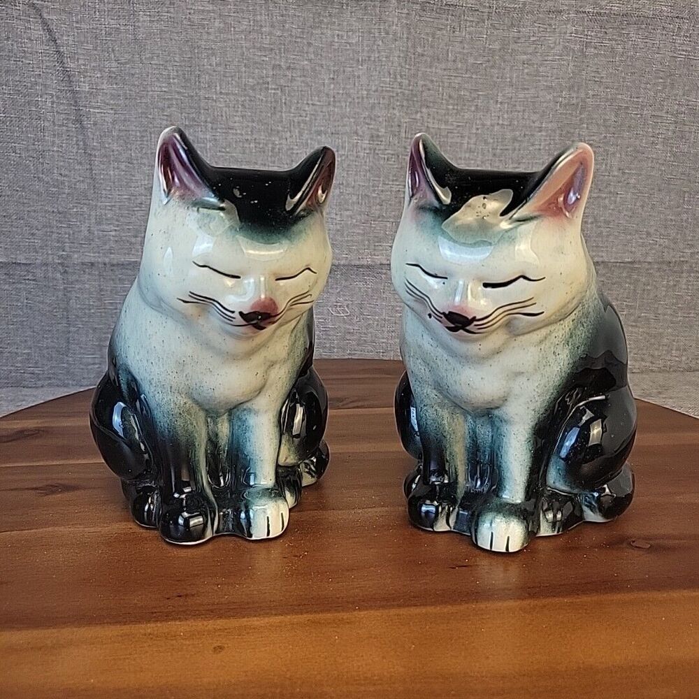 Vintage Ceramic Blue Pair Of Taby Cats, black gray ,white,sleeping Kittens 7inch